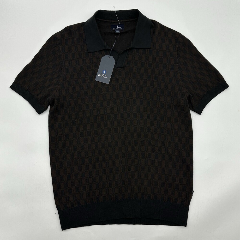 Ben Sherman Men's Size Medium Brown Square Print Knit Pullover Polo Sweater NWT